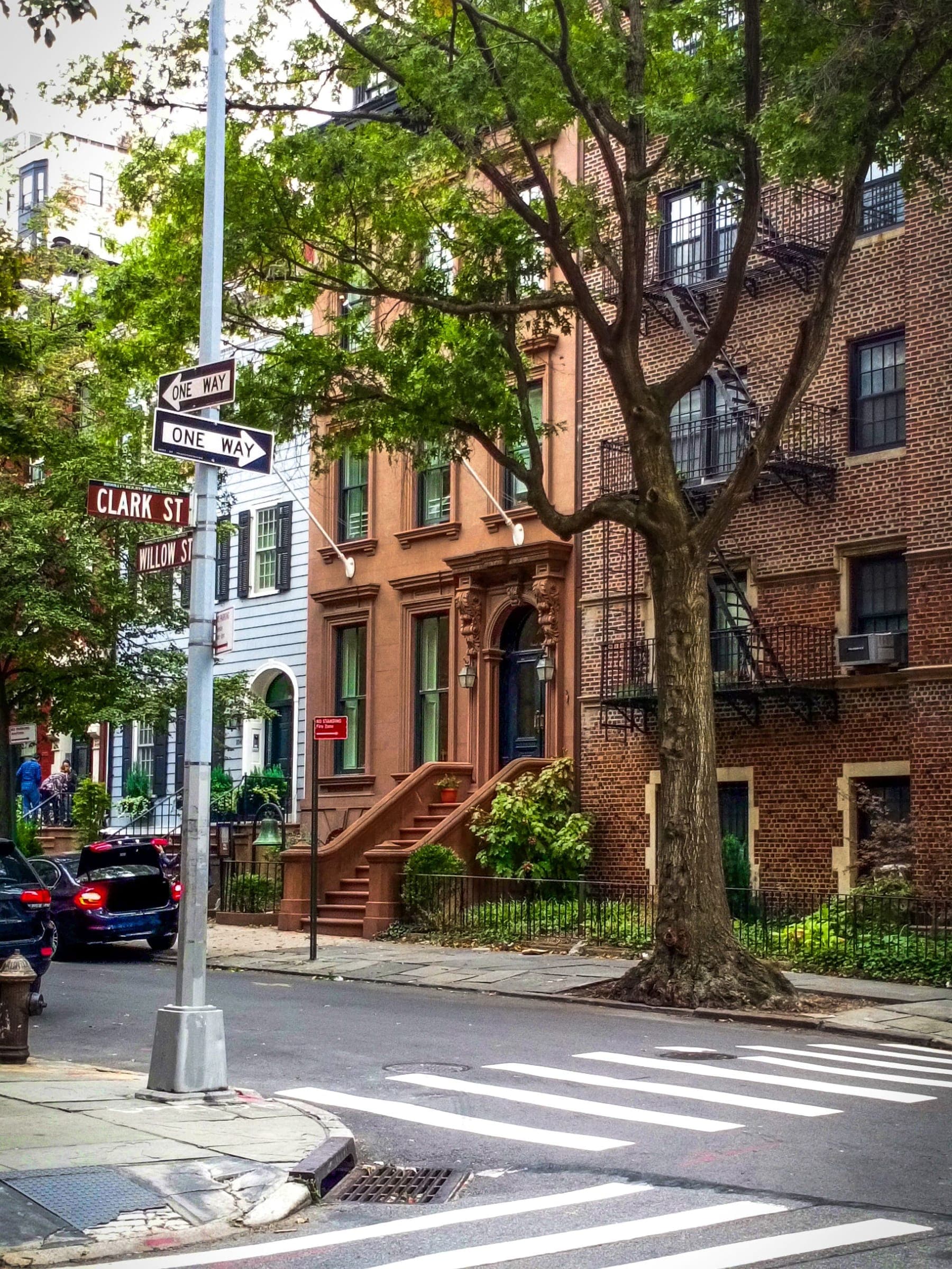 Tree-lined New York City street corner with brownstone and brick apartment buildings